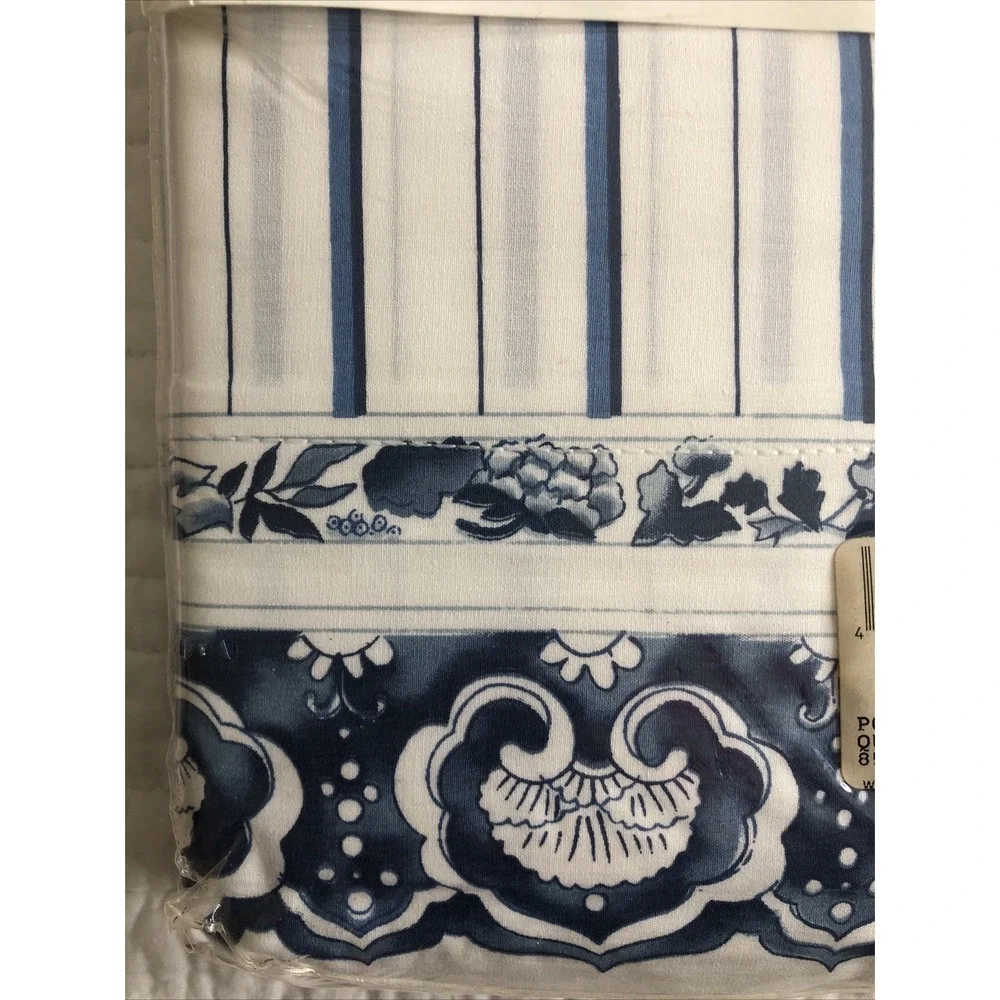 Ralph Lauren Jonquil Blue White Medallion Stripe Flat Sheet - Queen Irregular